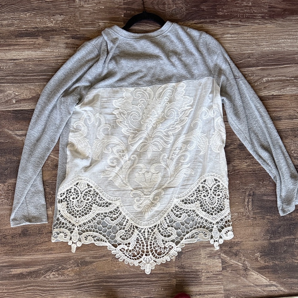 Anthropologie Lace-Trimmed Gray and Cream Long Sleeve Top